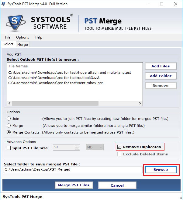 Browse to Save Merged PST File